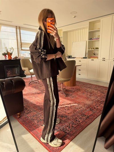 Yanları Dantel Şeritli , Acıkahve , Üçlü Takım