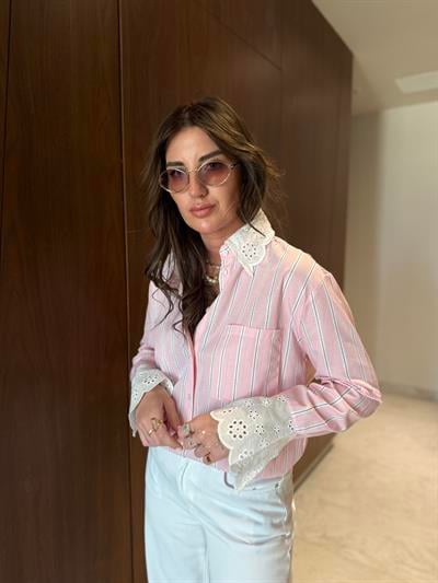 Yaka & Manşet Fistolu , Pembe , Çizgili Gömlek