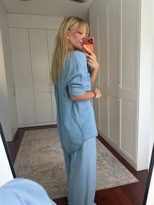 %100 Cotton , Tencel , Gömlek & Beli Lastikli Pantolon , Buz Mavisi Premium Takım