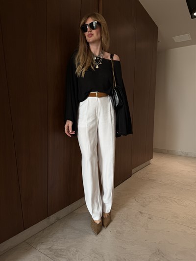 Orijinal Model , Süet Kemerli ,Tok Tencel Beyaz Pantolon