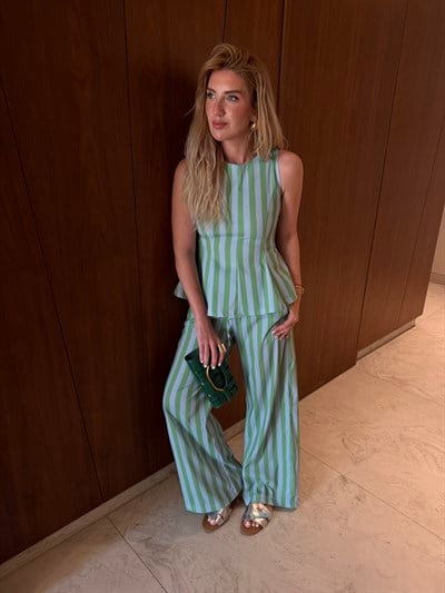 Yeşil & Mavi Çizgili , Bluz & Pantolon Takım