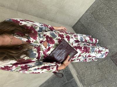 Beli Lastikli , Bordo Çiçek Desenli , Elbise