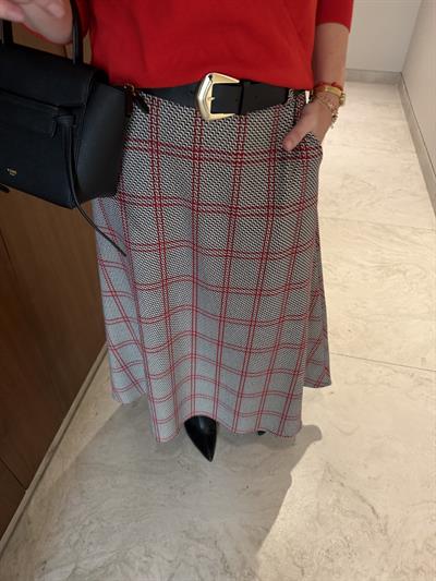 Gold Deri Kemerli , Kırmızı & Siyah Ekoseli , Premium Çan Etek