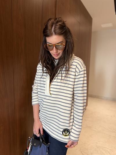 Yarım Fermuarlı , Lacivert Çizgili , Polo Yaka Sweatshirt