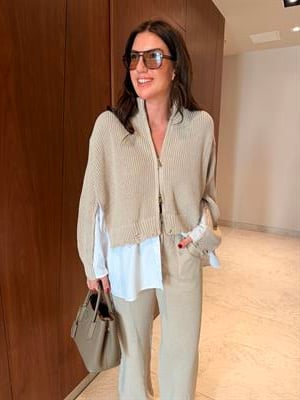 Poplin Detaylı , Önden Fermuarlı , Bej Triko Takım