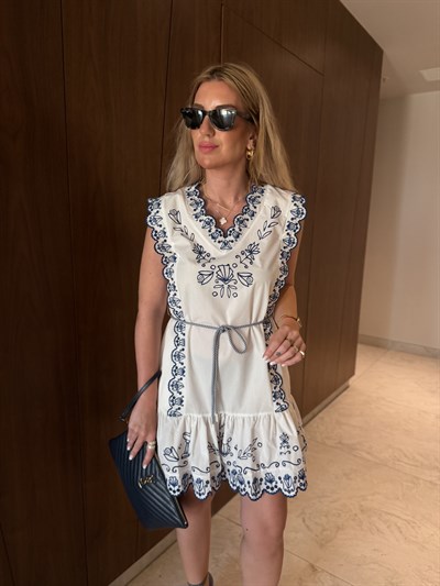 Orijinal Model , Belden Bağlamalı , Beyaz & Mavi Fistolu Elbise