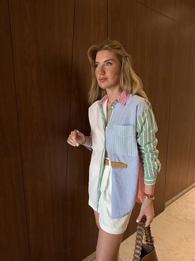 %100 Cotton , Yeşil & Mavi Şeritli , Tasarım Gömlek