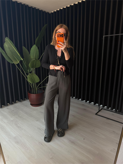 Antrasit Premium Tok Tencel Kumaş, Paçası Düğme Detaylı Pantalon 