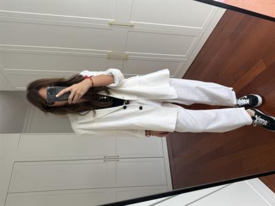 Düğme Detaylı , Premium , Beyaz Keten Pantolon