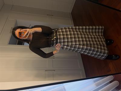 Ekru & Vizon Ekoseli , Çift Deri Kemerli , Premium Etek