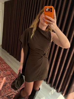 Orijinal Model , Asimetrik , Kısa Kollu , Acıkahve Pelerin Elbise