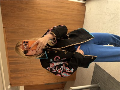 Orijinal Model Renkli Nakışlı Siyah Premium Süet Ceket