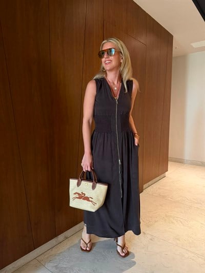 Orijinal Model , Gipeli , Çift Fermuarlı , Tencel Acıkahve Elbise