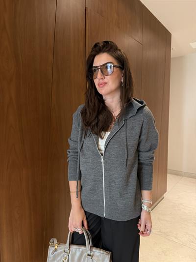 Antrasit , Kapüşonlu , Fermuarlı Triko Sweatshirt