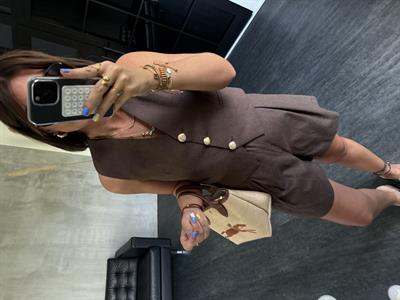 Gold Deniz Kabuğu Düğmeli, Kemerli Acı Kahve Premium Keten Takım