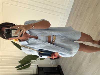 %100 İthal Keten , Bebe Mavisi , Arkası Lastikli Şort