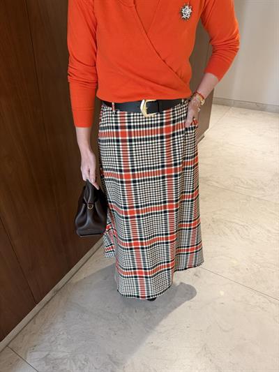 Gold Deri Kemerli , Turuncu & Acıkahve Ekoseli , Premium Çan Etek