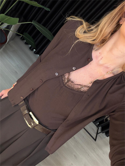 Dantelli Bluz Detaylı Acıkahve Likralı Bluz & Hırka Takım