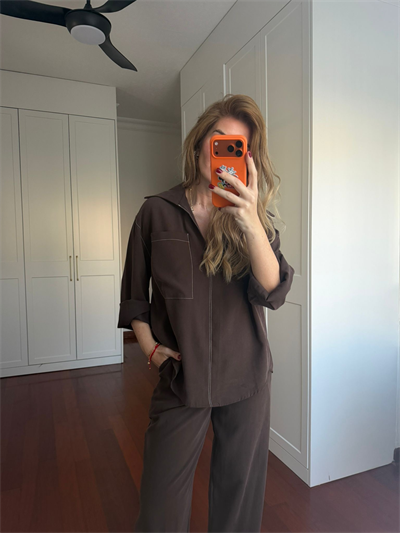 Orijinal Model , Beyaz Dikiş Detaylı , Tok Tencel , Acıkahve Takım