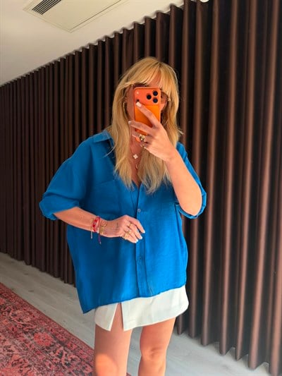 Saks Mavisi  , Tencel , Oversize Gömlek