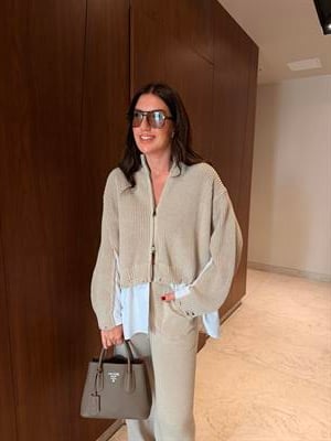 Poplin Detaylı , Önden Fermuarlı , Bej Triko Takım