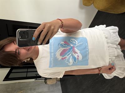 Taş İşlemeli, Mavili Desenli , Beyaz T-shirt