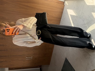 Deri Kemerli , Siyah , Tencel Palazzo