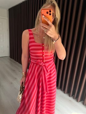 Orijinal Model , Pembe & Kırmızı Çizgili , Kuşaklı Elbise