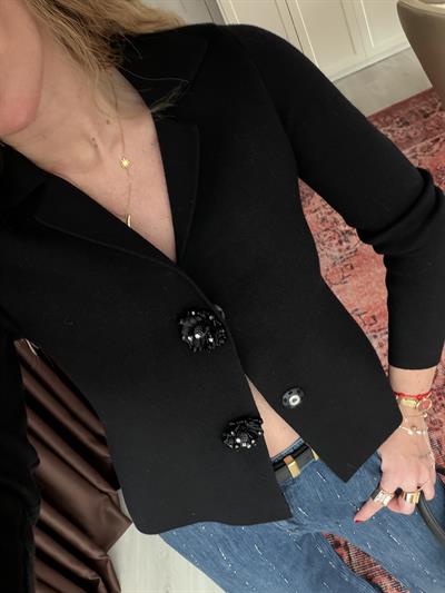 Taşlı Çiçek Düğmeli , Siyah , Çelik Örme , Triko Ceket