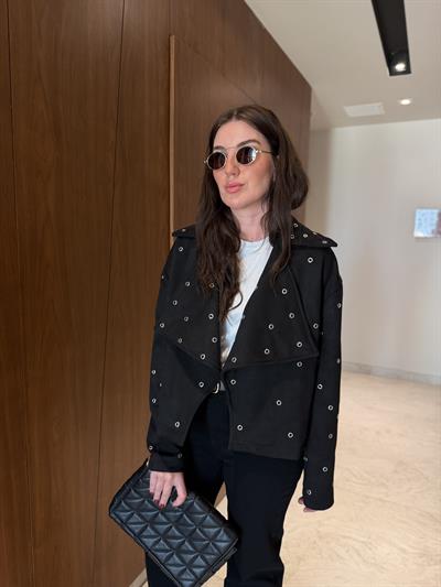 Kuş Gözü Detaylı , Siyah , Premium Süet Ceket