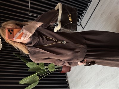 Acıkahve Orijinal Model Fular Yakalı Gömlek & Pantalon Premium Tencel Takım