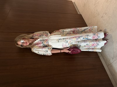 Çiçek Desenli , Yarım Düğmeli , Kuşaklı Keten Elbise