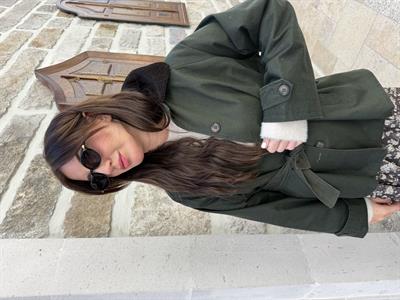 Yağlı Dokuda , Kadife Yakalı , Koyu Yeşil , Kuşaklı Trençkot