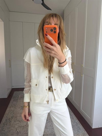 File Detaylı , Beyaz Premium Gabardin Ceket