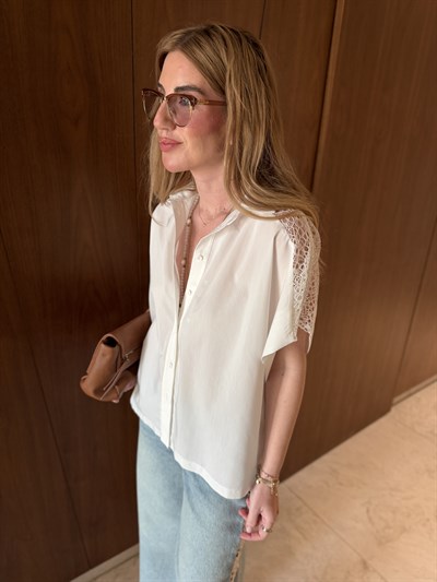 Orijinal Model , Kolu Büzgülü , Dantel Detaylı Poplin Gömlek