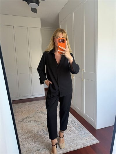 Siyah , Tencel Crep , Fularlı Gömlek & Pantolon , Premium Takım