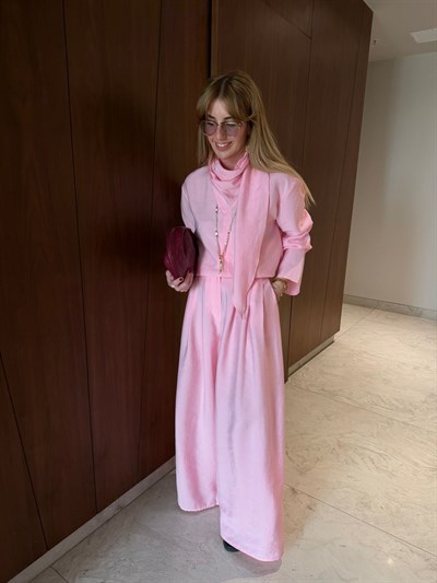 Pembe , Orijinal Model Fular Yakalı Gömlek & Pantalon Premium Tencel Takım
