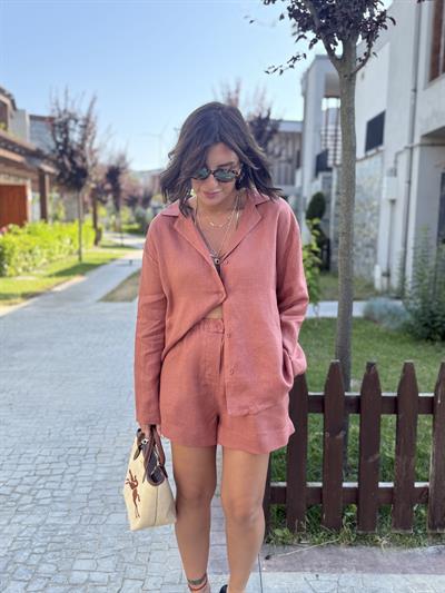 %100 Keten Gül Kurusu Gömlek & Şort Premium Takım
