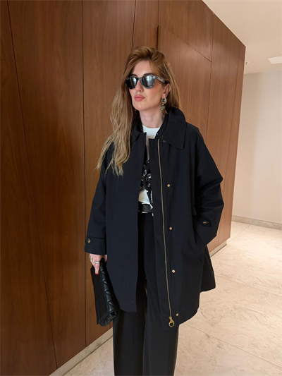 Yakası Ekoseli , Premium Siyah Trençkot