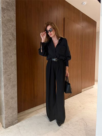 Kemerli , Double Krep , Tiril Kumaş , Siyah Palazzo