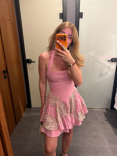 Etek Ucu İşlemeli , Pembe , Halter Yaka Elbise