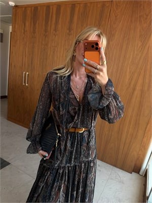 Fularlıı, Beli Lastikli Lacivert Desenli Bluz
