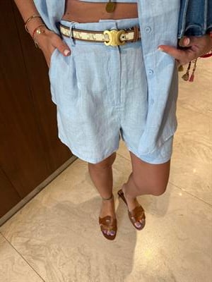 %100 İthal Keten , Bebe Mavisi , Arkası Lastikli Şort