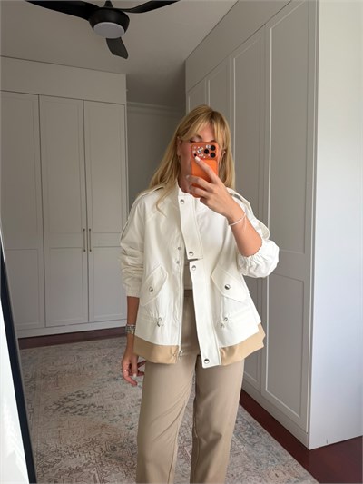 Orijinal Model , Belden Bağlamalı , Premium Beyaz & Bej , Gabardin Ceket
