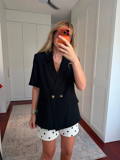 Tencel Dokuda , Kısa Kollu , Premium Siyah Blazer Ceket