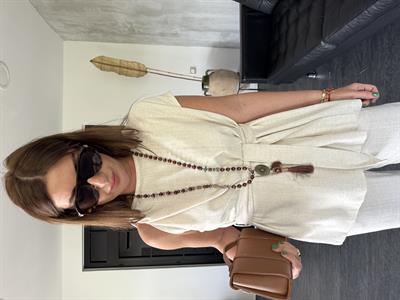 Omzu Burmalı , Bej , Keten , Bluz Takım