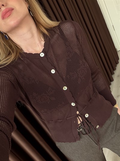 Belden Bağlamalı , Dantel İşi , Acıkahve , Merserize Hırka