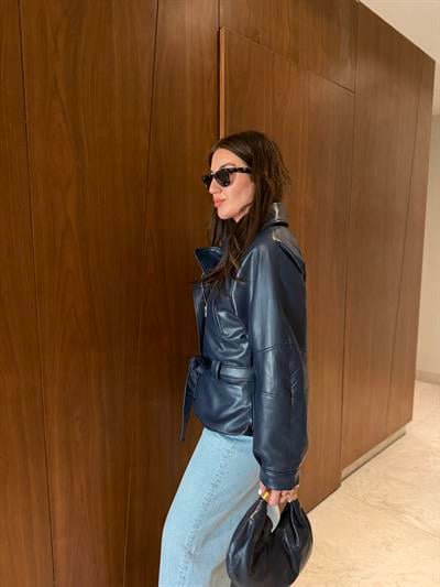 Kuşaklı , Lacivert , Premium Deri Ceket