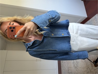 Mavi, Orijinal Model Kolu Nakış İşlemeli , Kapüşonlu , Premium Jean Ceket