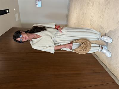 Beli Lastikli , V Yaka , Tencel Keten , Bej Takım